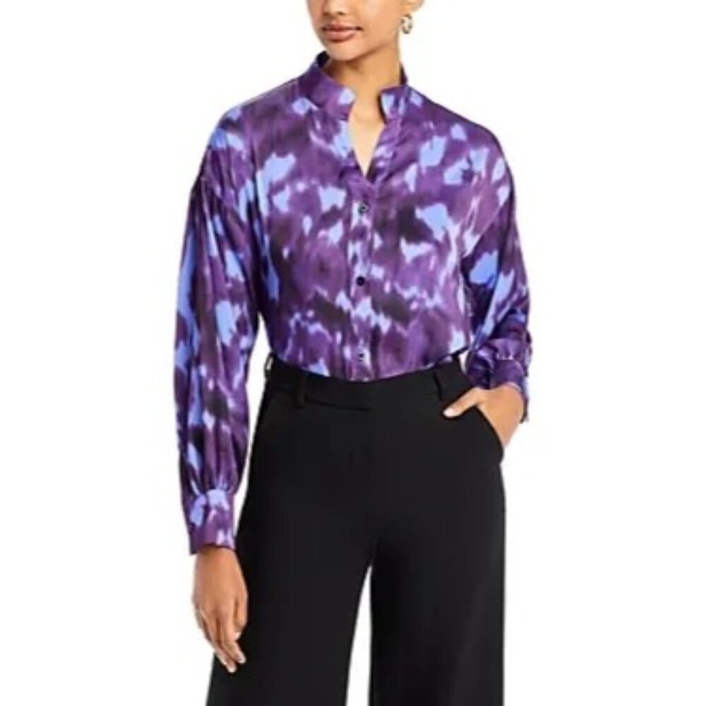 Misook Abstract Print Satin Blouse Womens Size M Purple Old Money Luxe Button Up